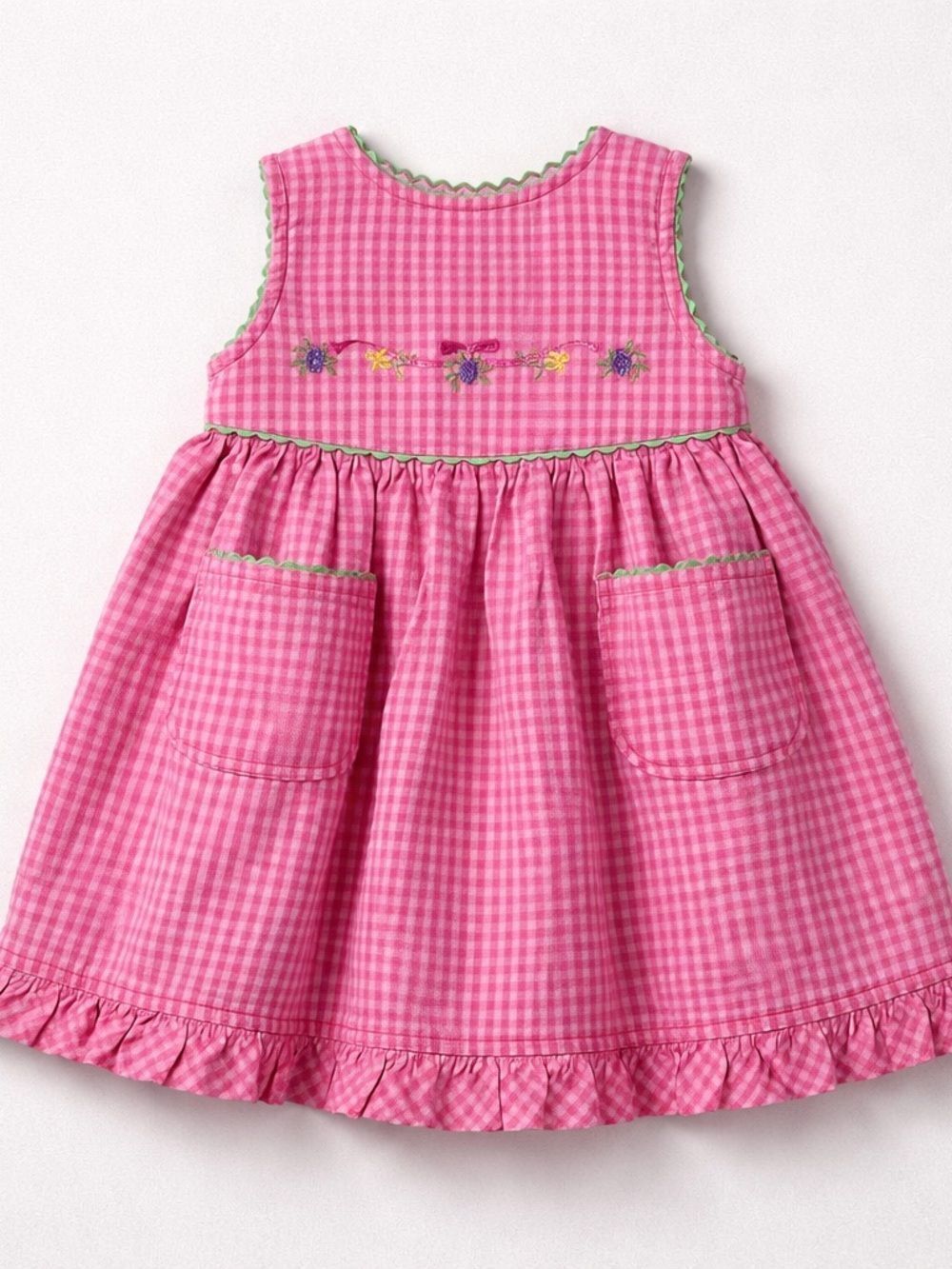 Thomas pink sear sucker dress with floral embroidery and Ricrac accents size 6-9